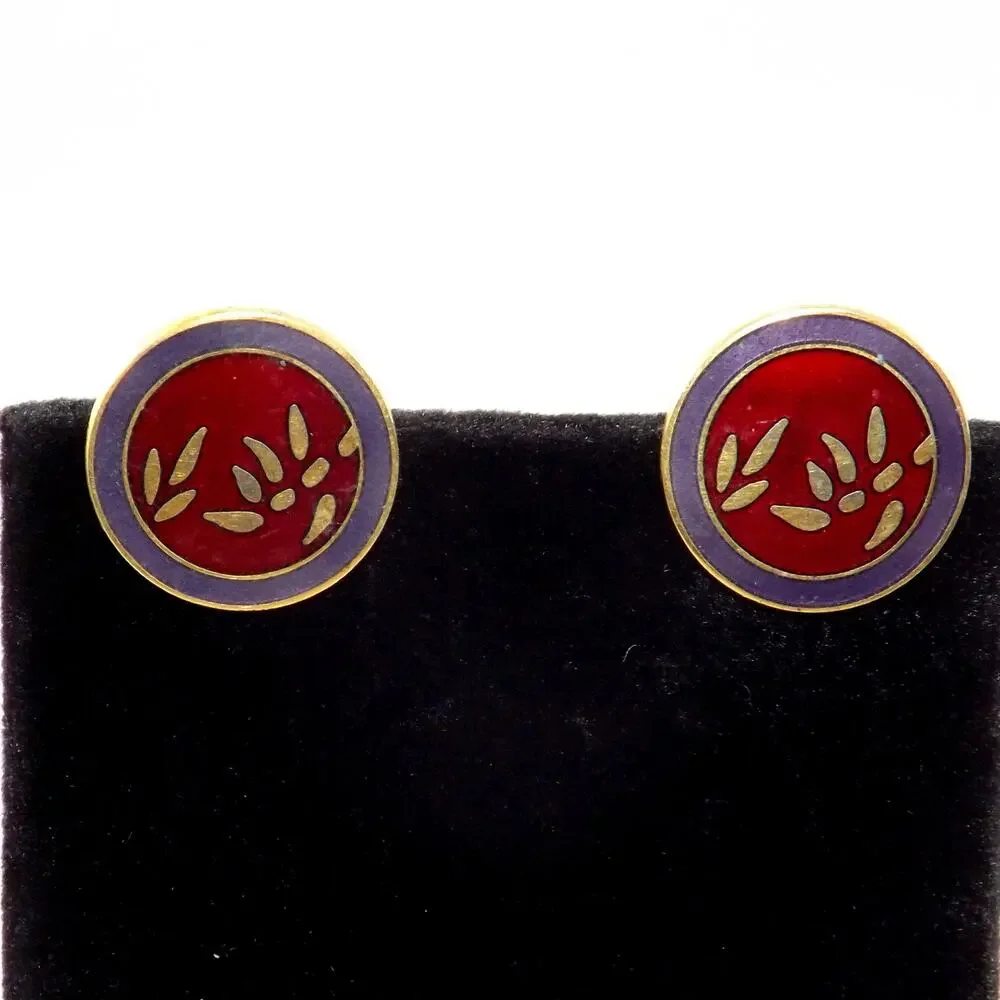 Laurel Burch Bamboo Red Post Earrings, Cloisonné Gold Plated, 1980s Vintage